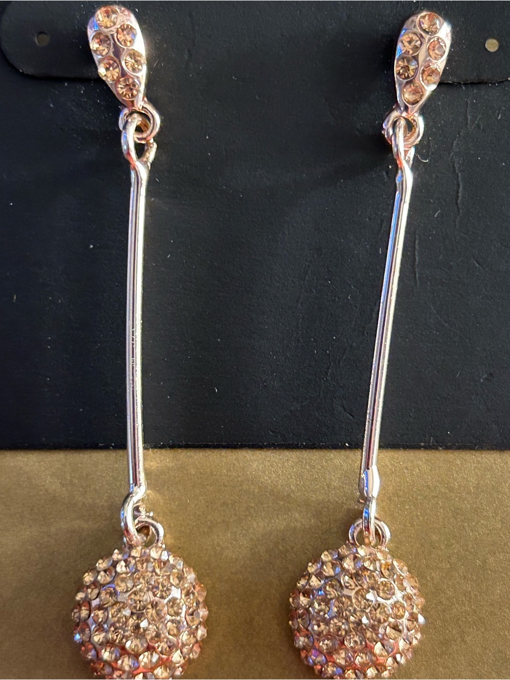 NWT Tanya Creations Goldtone crystal covered ball drop, bar earrings pierced